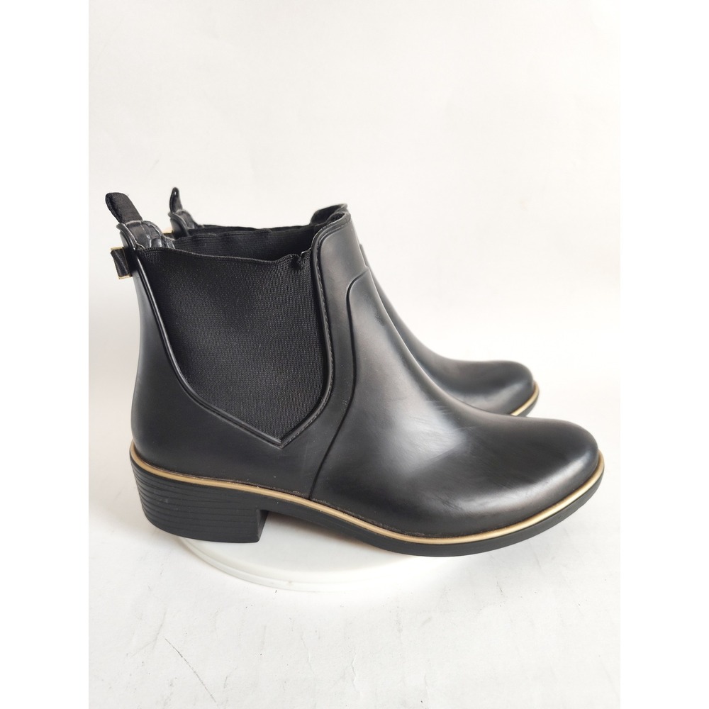 Kate Spade Rain Boots 8 Waterproof Rubber Chelsea Logo Black Gold Trim Solstice